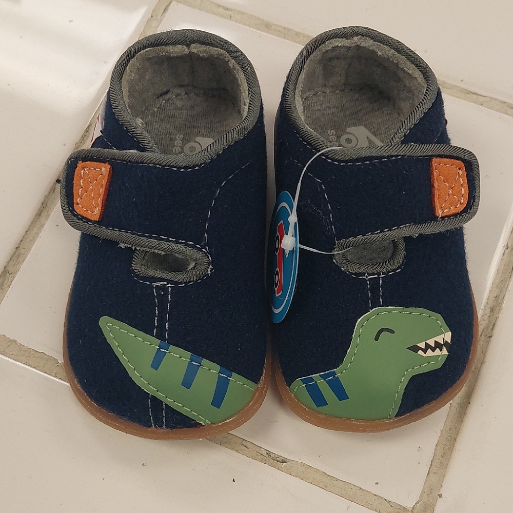 See Kai Run Navy and Green Dinosaur Slippers